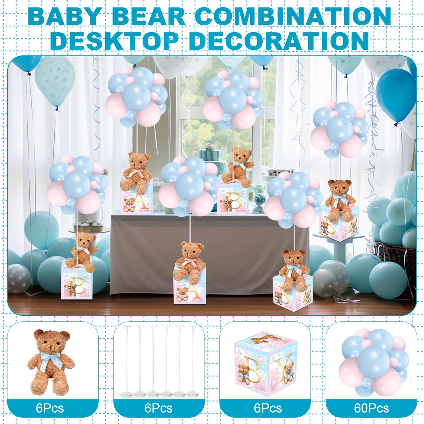 Lenwen 6 Sets Pink Bear Decorations for Baby Shower, Baby Letter Boxes Baby Shower Table Centerpieces Bear Stuffed Animals Balloon with Stand Bear Plush Toy Baby Boxes for Birthday Party Wedding