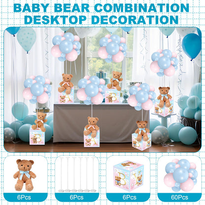 Lenwen 6 Sets Pink Bear Decorations for Baby Shower, Baby Letter Boxes Baby Shower Table Centerpieces Bear Stuffed Animals Balloon with Stand Bear Plush Toy Baby Boxes for Birthday Party Wedding