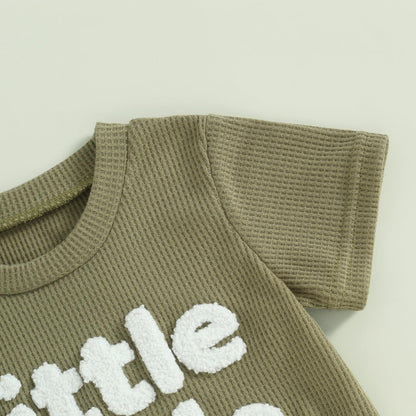 Kupretty Toddler Baby Boy Summer Clothes Embroiderey Waffle Knit Short Sleeve T-Shirt Tees + Casual Shorts Cute Clothing Set
