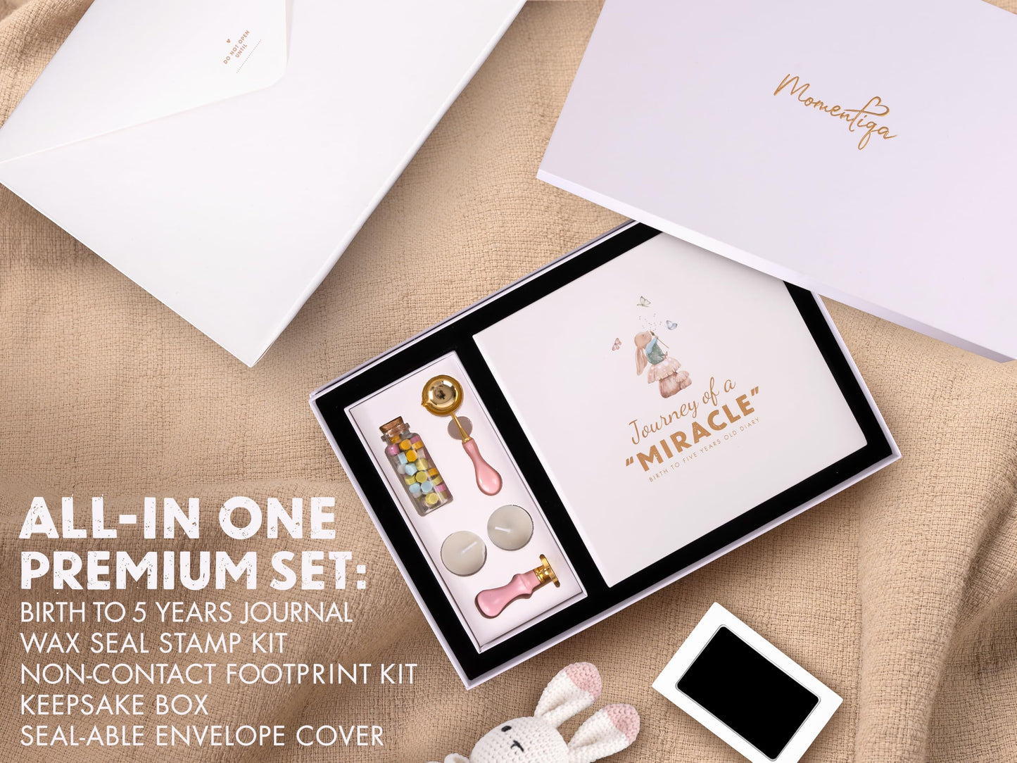 Keepsake Memory Book for Baby Boy or Girl First 5 Years, All-in-One Keepsake Box with Wax Seal Kit and Footprint Kit Included, Elegant Milestone Scrapbook Gift Set with Photo Album