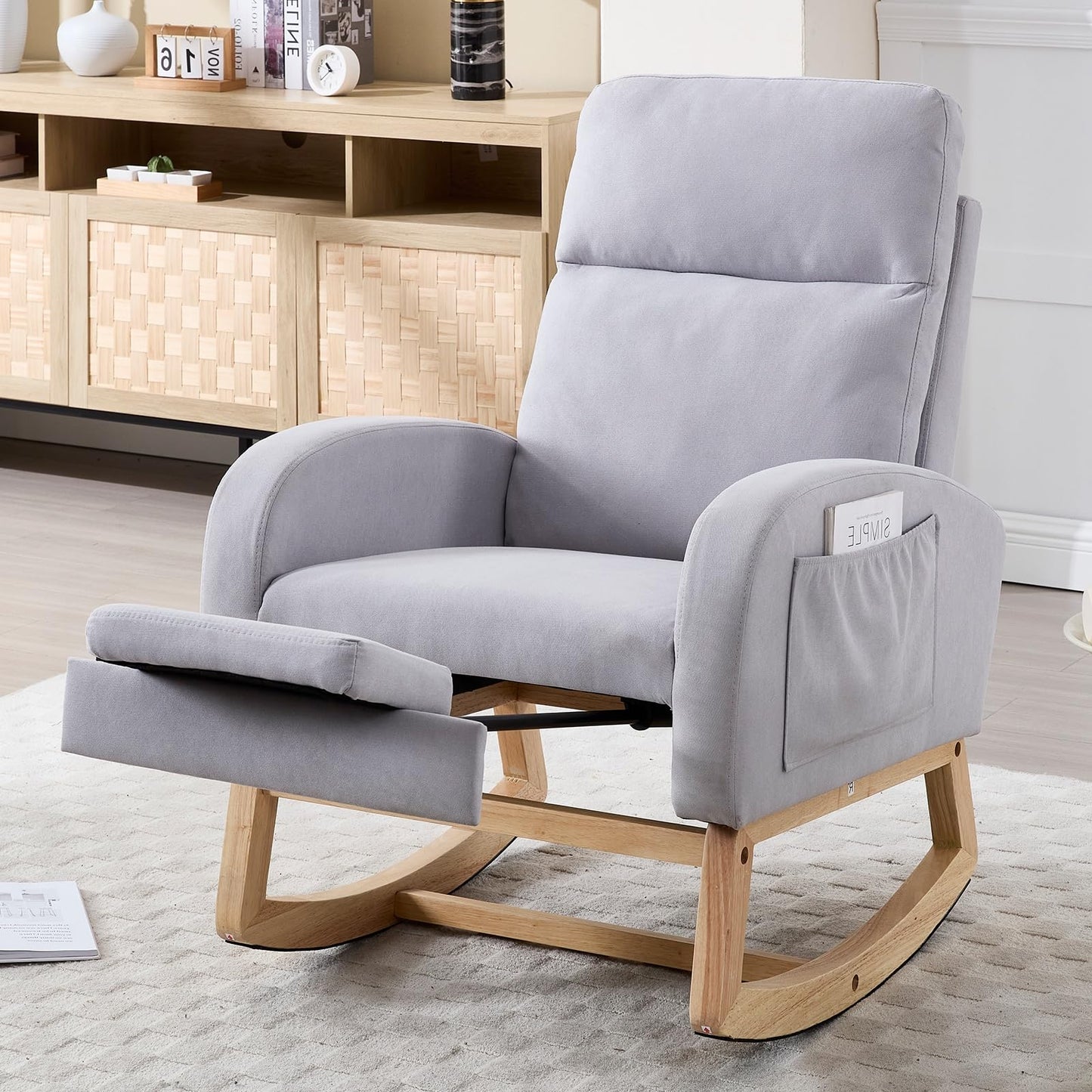NIOIIKIT Modern Nursery Rocking Chair, Teddy Upholstered Rocking Chair with Footrest, Comfortable Glider Rocker with Side Pocket for Living Room, Bedroom, Nursing Room (Beige)
