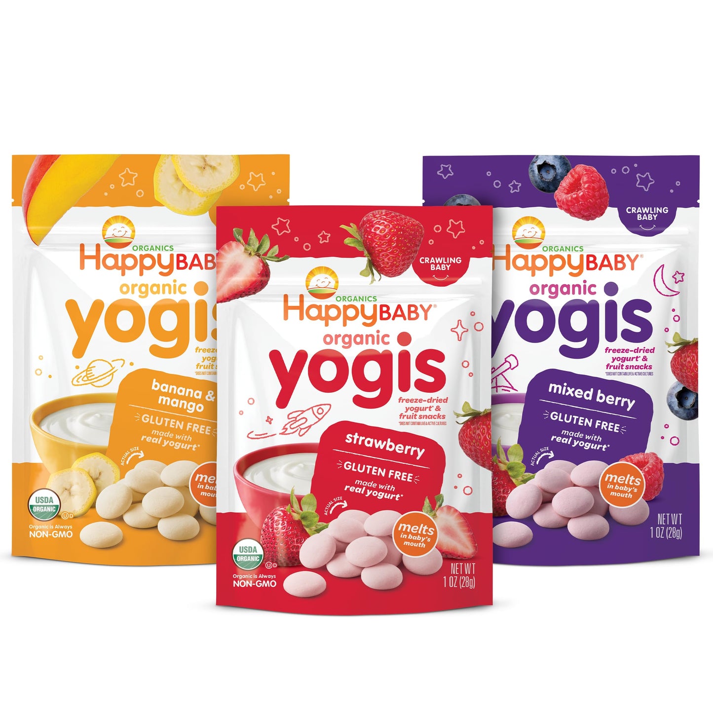 Happy Baby Organics Yogis Freeze-Dried Yogurt & Fruit Snacks, Variety Pack, 1 Ounce (Pack of 6)