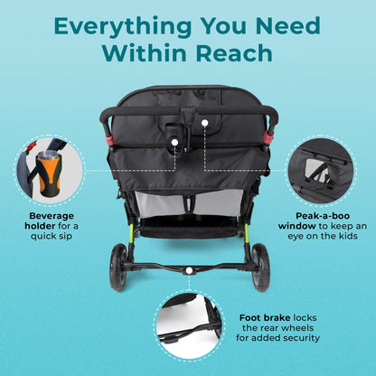 Gaggle by Foundations Compass Quad 4 Seat Stroller | 4-Seat Stroller for Daycare | Oversized UV Blocking Canopy | 5-Point Harness | Easy Loading | Storage Bucket | Black