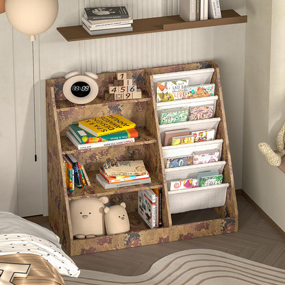 White Kids Bookshelf Wood Toy Storage Organizer Cabinet Children Bookcase Toddler Baby Sling Book Rack 3 Cube Bins Fabric Drawers for Playroom Bedroom Nursery School