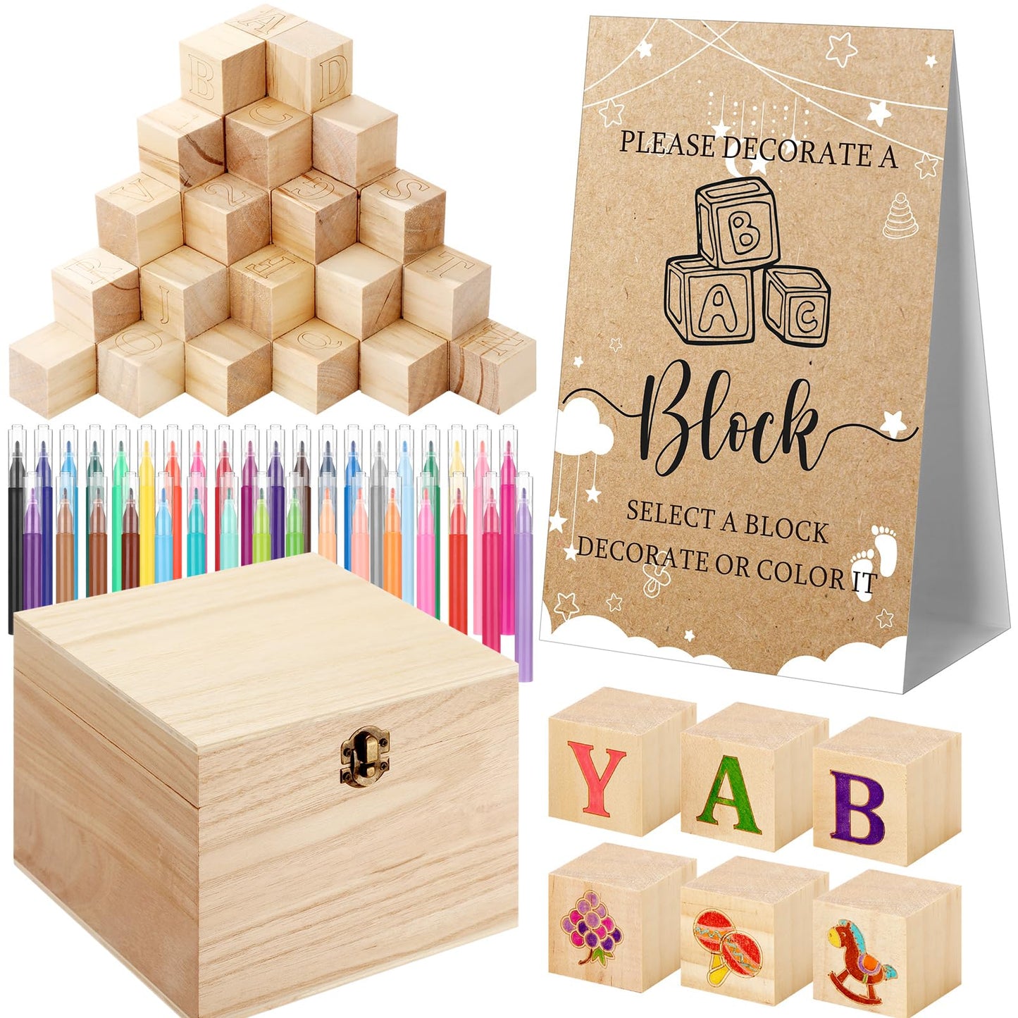Marsui 136 Pcs Baby Shower Blocks to Decorate Game Kit Includes 98 Wooden Blocks, 36 Markers, 1 Game Sign, 1 Storage Box for Baby Shower Gender Reveal Activity Party Decorations(Pink Elephant)