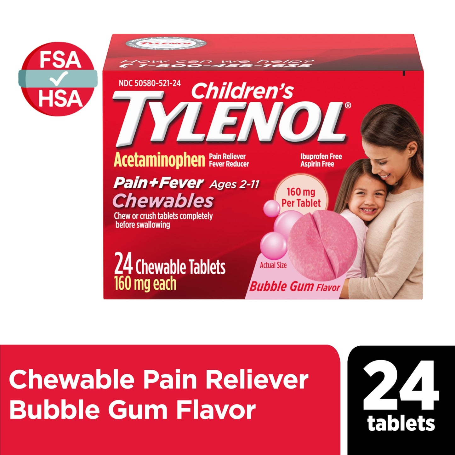 Tylenol Children's Chewables with 160 mg Acetaminophen, Pain Reliever & Fever Reducer for Kids' Cold + Flu Symptoms, Headache, Sore Throat & Toothache, Aspirin-Free, Grape Flavor, 24 ct
