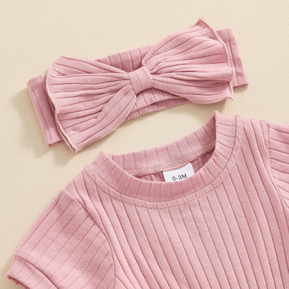 Baby Girl Summer Clothes Ribbed Short Sleeve Romper Solid Color Bodysuits Bow Headband Outfit Newborn Girl Jumpsuit