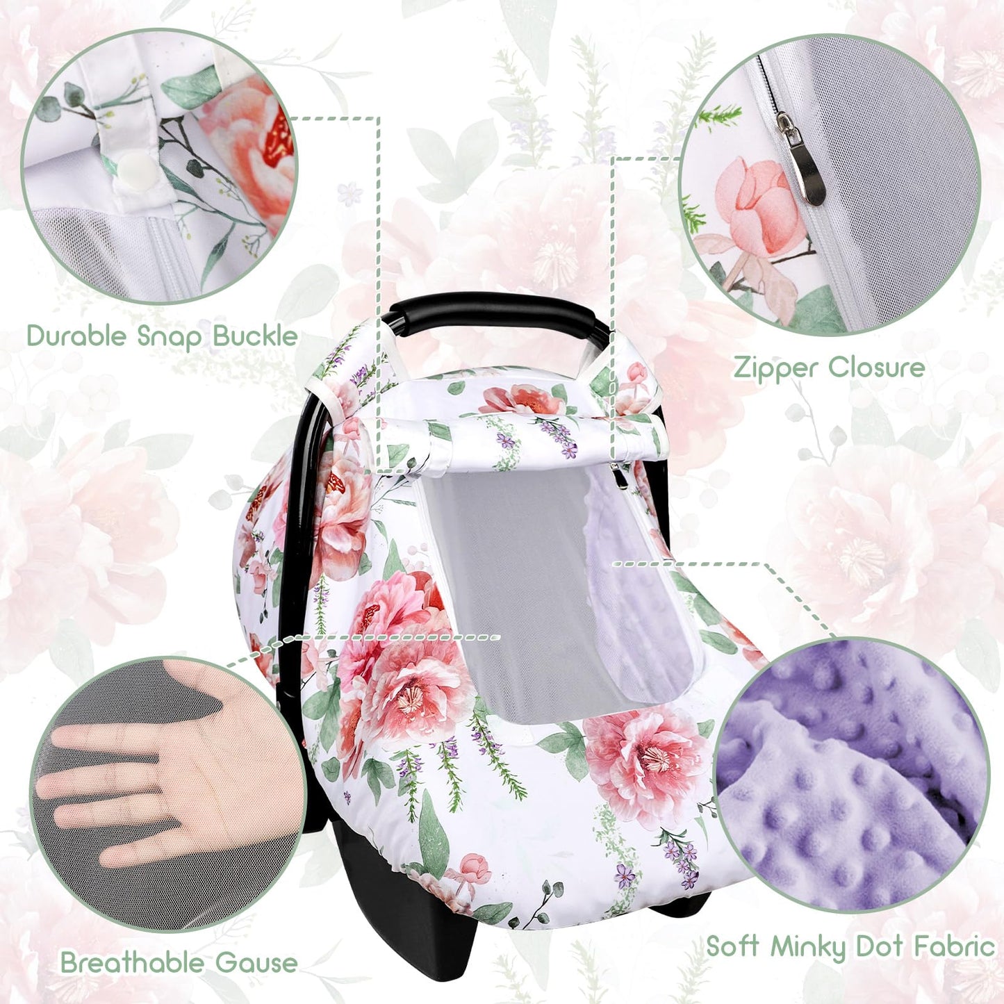 Pea Pod Car Seat Cover Baby, Infant Car Seat Canopy Covers for Newborn with 2 Layers Windows of Breathable Mesh Fabric, Lightweight Polyester/Soft Minky Dot Backing (Floral & Rainbow)