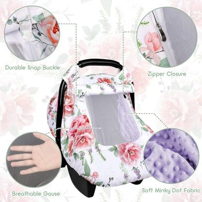 Pea Pod Car Seat Cover Baby, Infant Car Seat Canopy Covers for Newborn with 2 Layers Windows of Breathable Mesh Fabric, Lightweight Polyester/Soft Minky Dot Backing (Floral & Rainbow)
