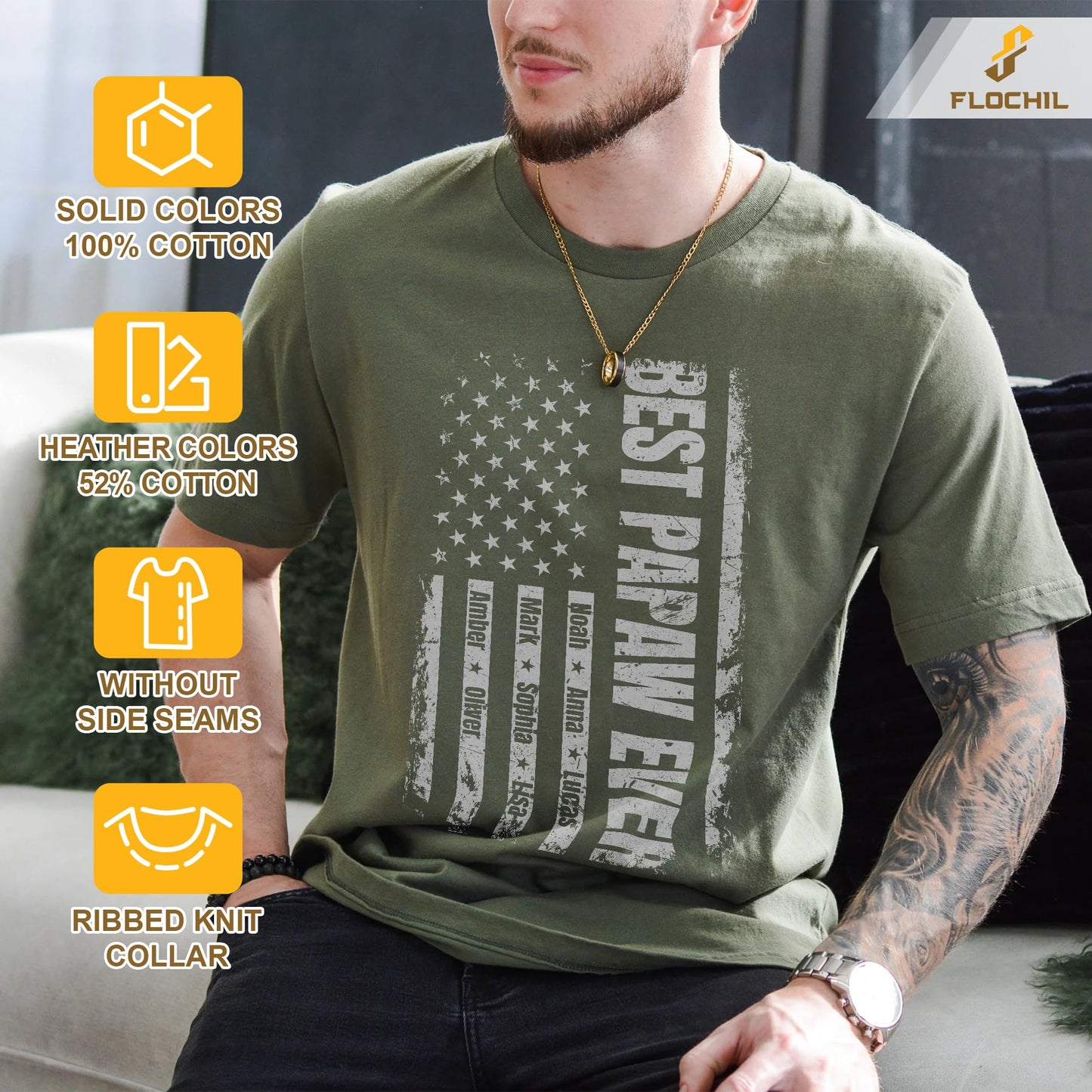 FLOCHIL Personalized Dad Shirt for Men, Custom With Kids Names, Fathers Day T Shirt, Gifts