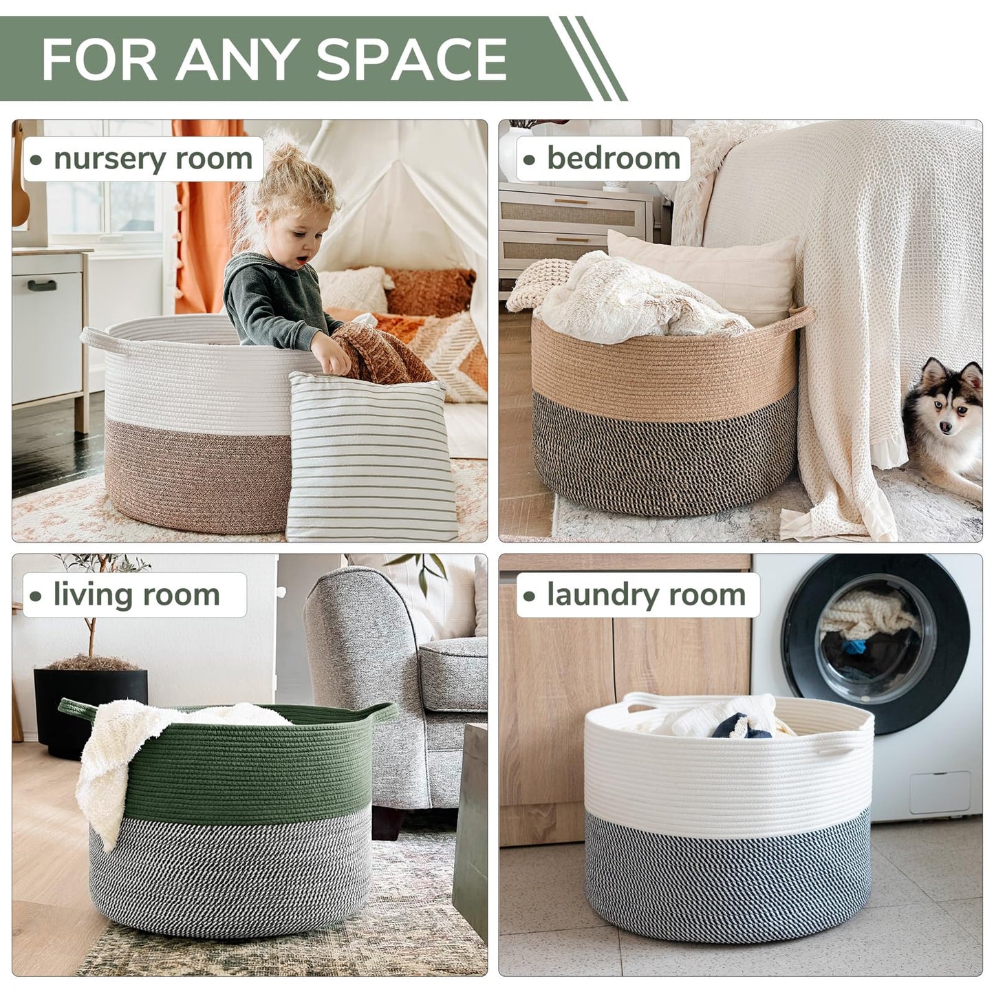 INDRESSME XXXLarge Cotton Rope Basket 21.7" x 21.7" x 13.8" Woven Baby Laundry Blanket Basket Toy Baskets with Handle Storage Comforter Cushions Thread Laundry Hamper