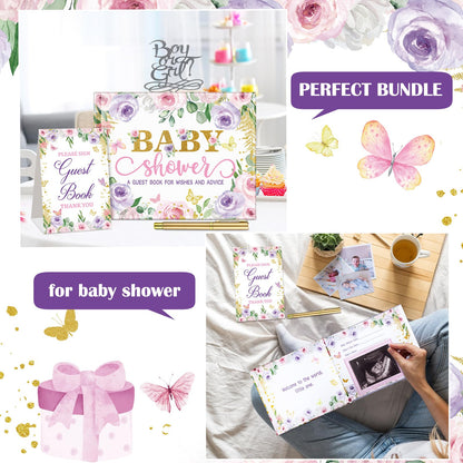 27 Pcs Butterfly Floral Baby Shower Guest Book Set Baby Shower Sign in Guest Floral Book Place Table Cards with Gold Pen Adhesive Photo Corner for Birthday Party