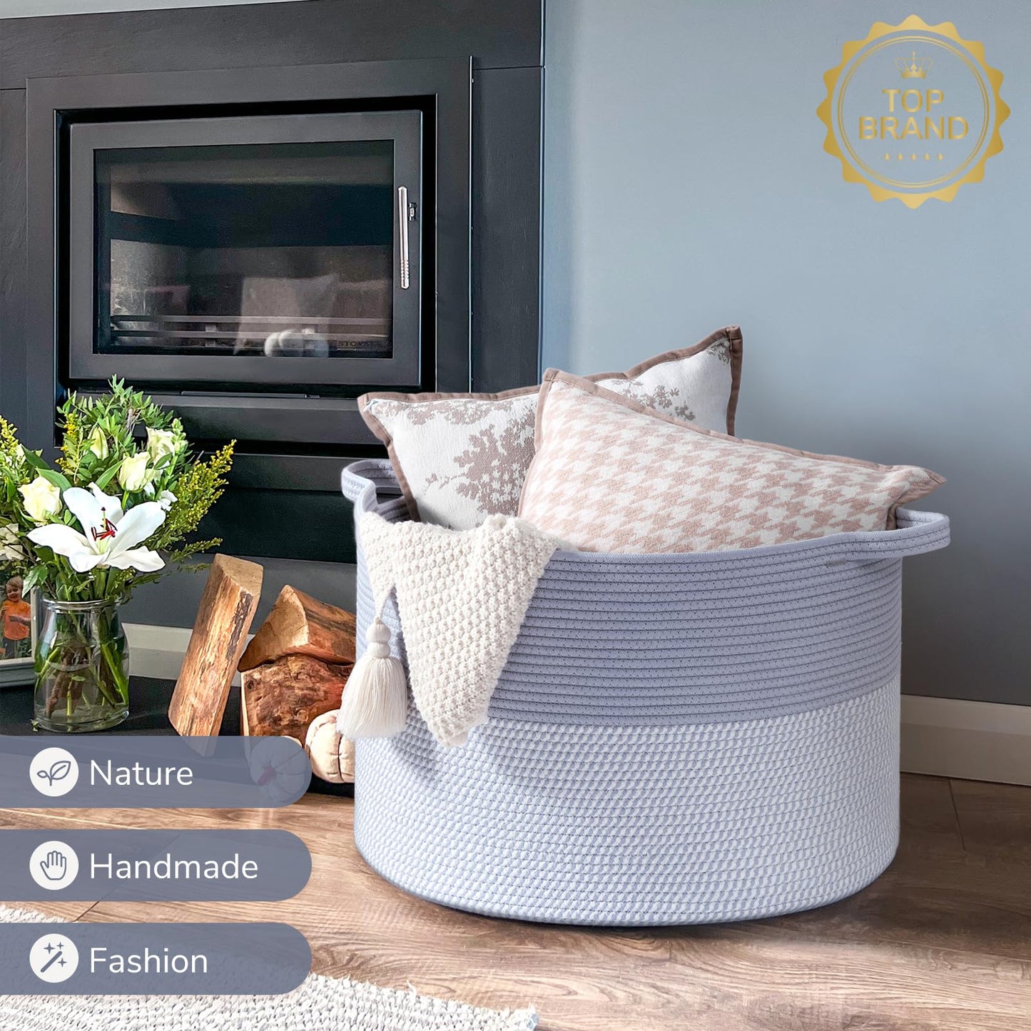 INDRESSME XXXLarge Cotton Rope Basket 21.7" x 21.7" x 13.8" Woven Baby Laundry Blanket Basket Toy Baskets with Handle Storage Comforter Cushions Thread Laundry Hamper