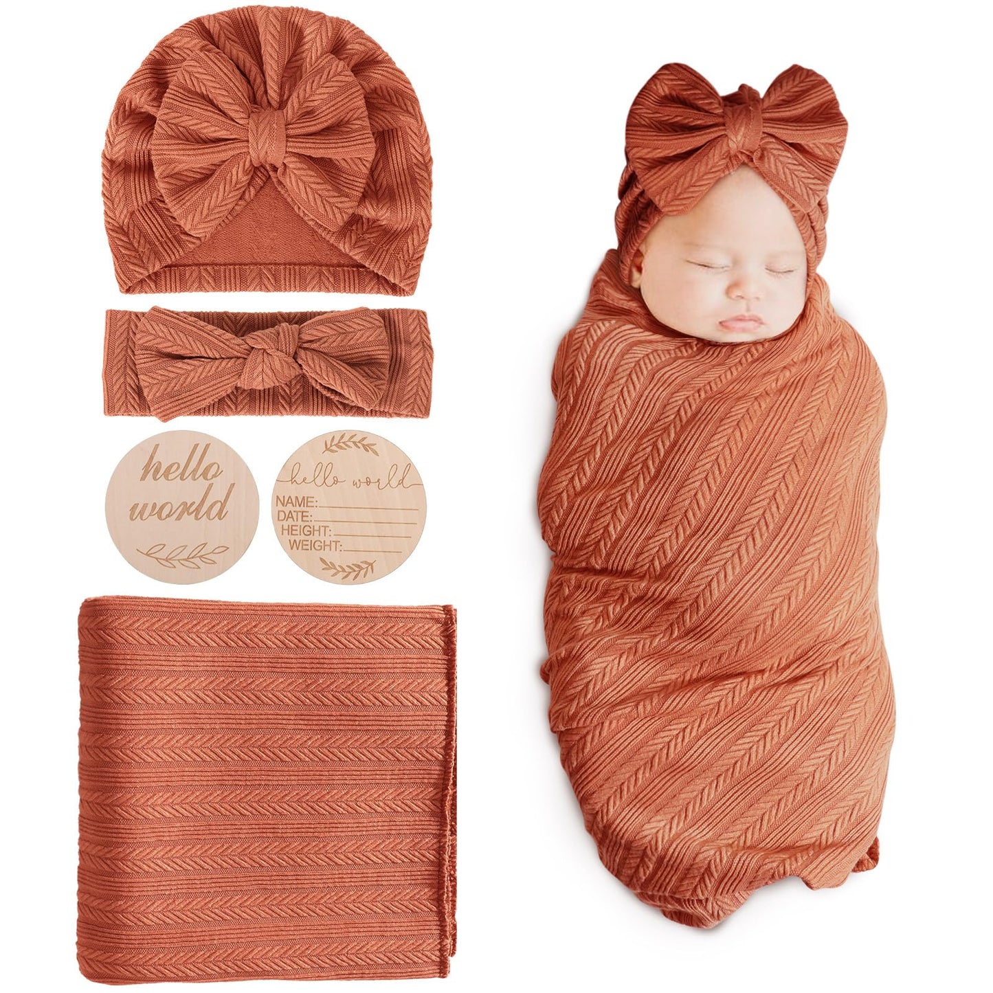 DRESHOW BQUBO Baby Swaddle Blankets for Girls, 4PCS Newborn Accessories Set with Matching Hat and Bow Headband with Card