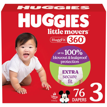 Huggies Size 4 Baby Diapers, Little Movers HuggFit 360° Baby Diapers with 360° Waistband, Size 4 (22-37 lbs), 144 Count, Packaging May Vary