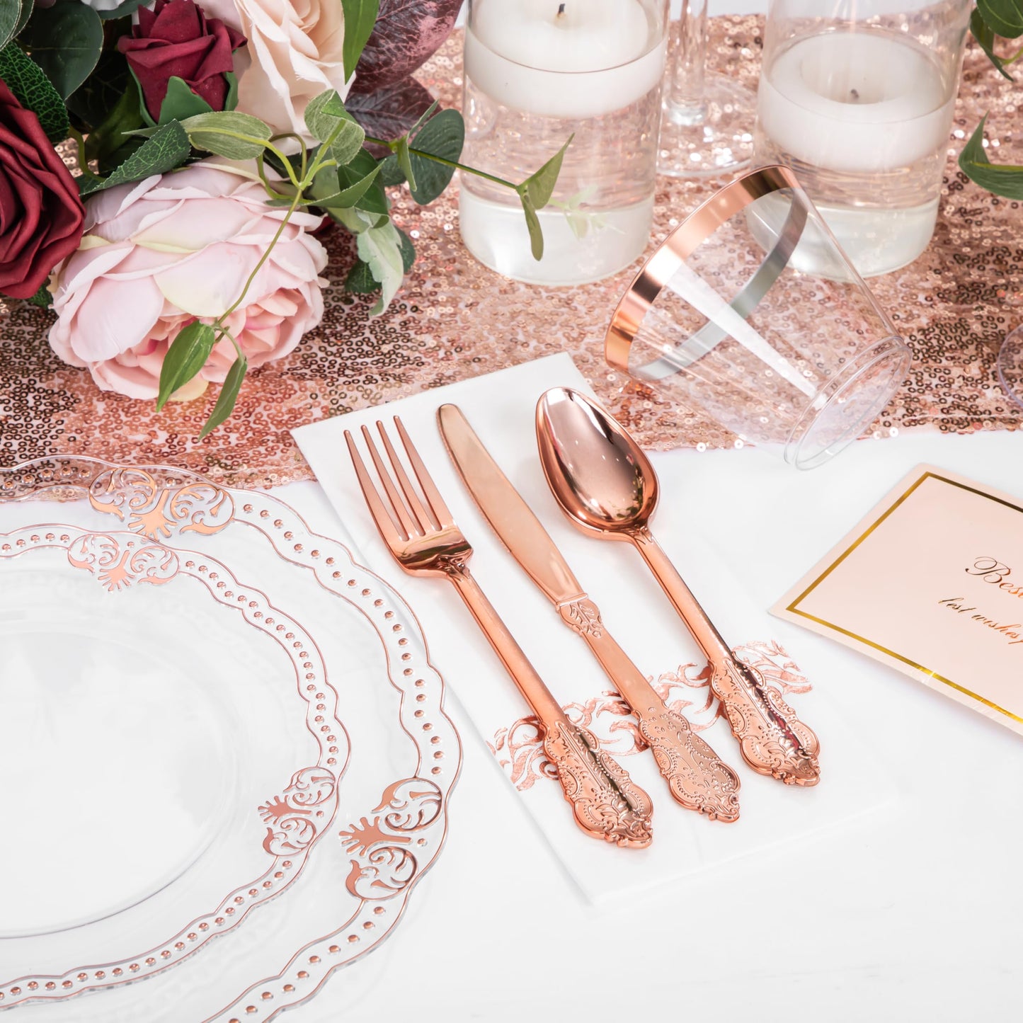 Ciaell 175 PCS White and Gold Plastic Plates - Fancy Gold Disposable Dinnerware Set with of 25 Dinner Plates, 25 Salad Plates, 25 Knives, 25 Forks, 25 Spoons, 25 Cups, 25 Napkins for Weddings Party