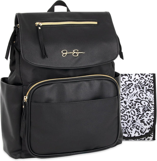 Jessica Simpson Black Vegan Leather Diaper Bag Backpack with Baby Changing Mat Pad, Stroller Strap Clips, 2 Pc. Set