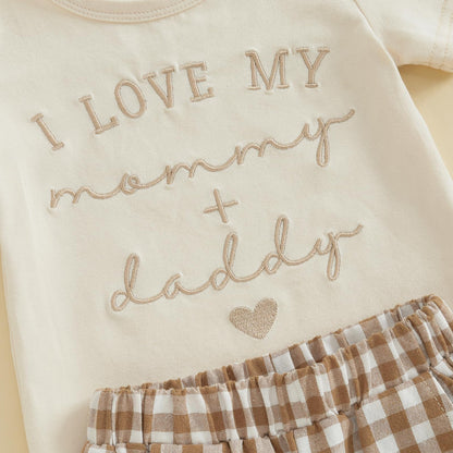 NZNDSHD Baby Boy Summer Clothes Daddys/Mamas Boy Matching Outfit Short Sleeve Embroidery T-shirt Plaid Toddler Shorts Set
