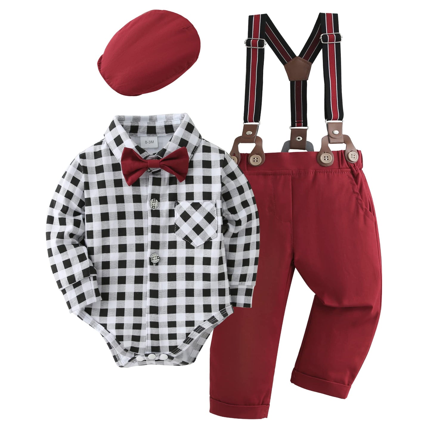 YUEMION Baby Boy Clothes Wedding Outfit Suits, 0-18 Months Infant Boy Gentleman Set, Dress Shirt+Vest+Suspender Pants+Bowtie