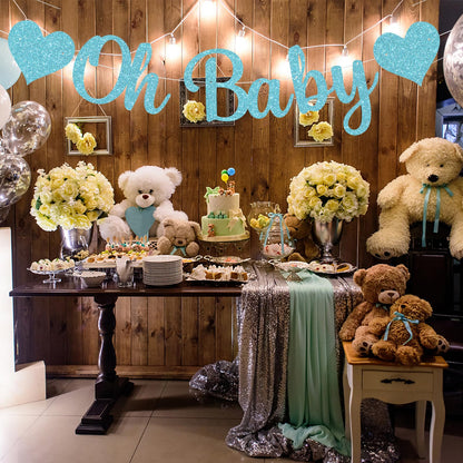 Pre-Strung Baby Shower Banner Oh Baby Sign Rose Gold Glittery Letters | Teddy Bear Gender Reveal Decorations | Baby Sprinkle Decorations for Girl Boy | Baby Gender Reveal Party Decoration Supplies
