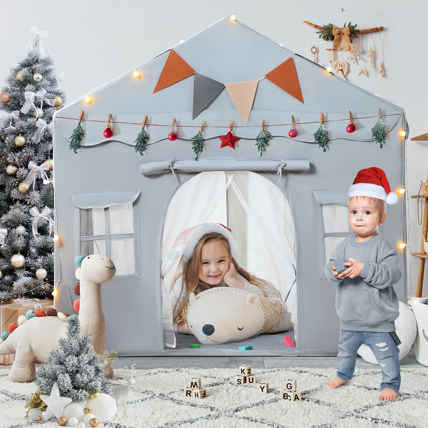 BESREY Kids Play Tent - 2 in 1 with Padded Mat & Lights, Large Playhouse with 2 Doors & 4 Windows, Indoor & Outdoor, Christmas Toddler Play Tent, 51" x 35" x 51