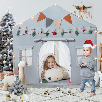 BESREY Kids Play Tent - 2 in 1 with Padded Mat & Lights, Large Playhouse with 2 Doors & 4 Windows, Indoor & Outdoor, Christmas Toddler Play Tent, 51" x 35" x 51