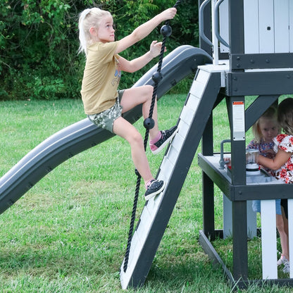 Backyard Discovery Whispering Point Light Gray Cedar Wood Swing Set with Wave Slide, Clubhouse, Crows Nest, Play Kitchen, Belt Swings, Web Swing, Rock Wall, Playhouse, Ladder, Windows, Outdoor Playset