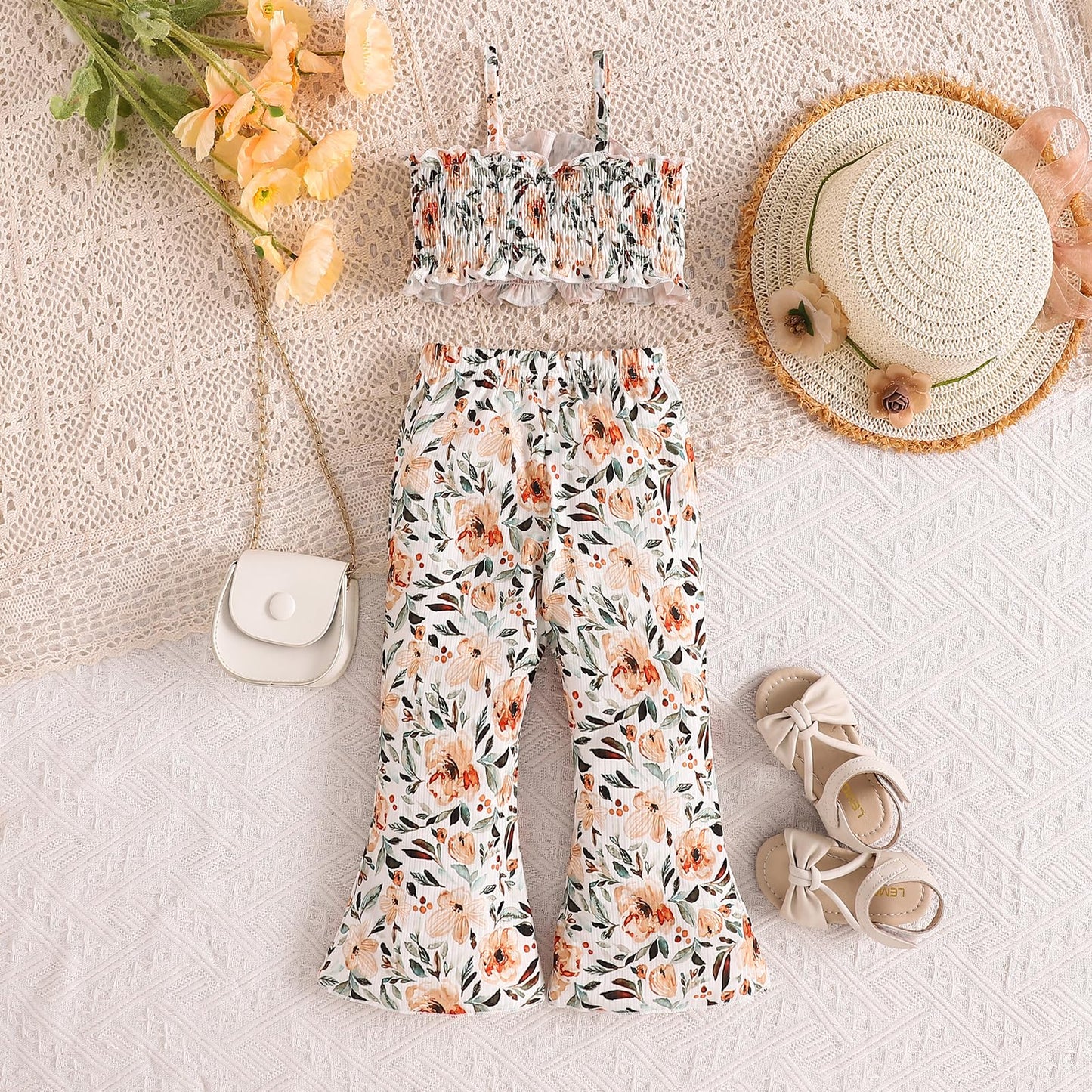 Toddler Baby Girl Boho Outfits Floral Ruffle Rib Sleeveless Halter Tops Bell Bottom 2Pcs Kids Summer Clothes Set