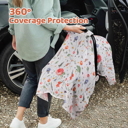 Rquite Car Seat Cover, Muslin Cotton Infant Car Seat Canopy, Breathable Baby Carrier Cover, Summer Stroller Sun Shade, Flower
