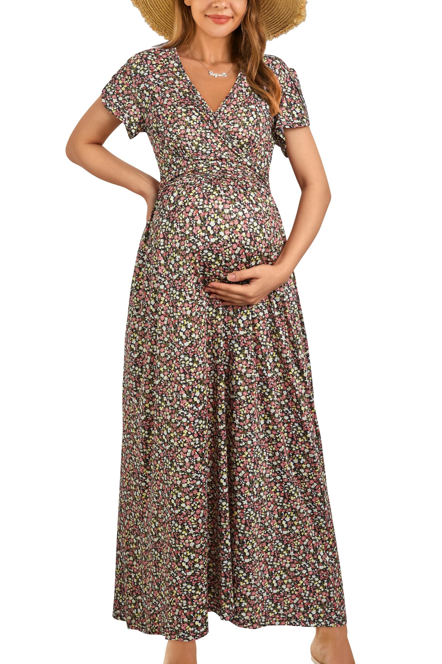 OUGES Maternity Maxi Dress Wrap V Neck Baby Shower Pregnancy Dresses for Photoshoot
