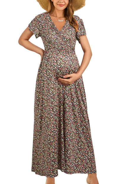 OUGES Maternity Maxi Dress Wrap V Neck Baby Shower Pregnancy Dresses for Photoshoot