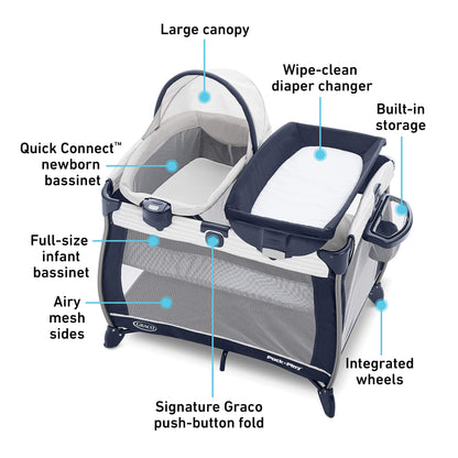 Graco On The Go Zip Pack ‘n Play Playard, Folding Playpen with Bassinet, Portable Crib, Reeves