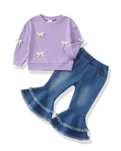 Renotemy Toddler Baby Girl Clothes Fall Winter Outfit, Bow Sweatshirt Denim Bell Bottom Jeans Outfits for 1-5 Year Girls