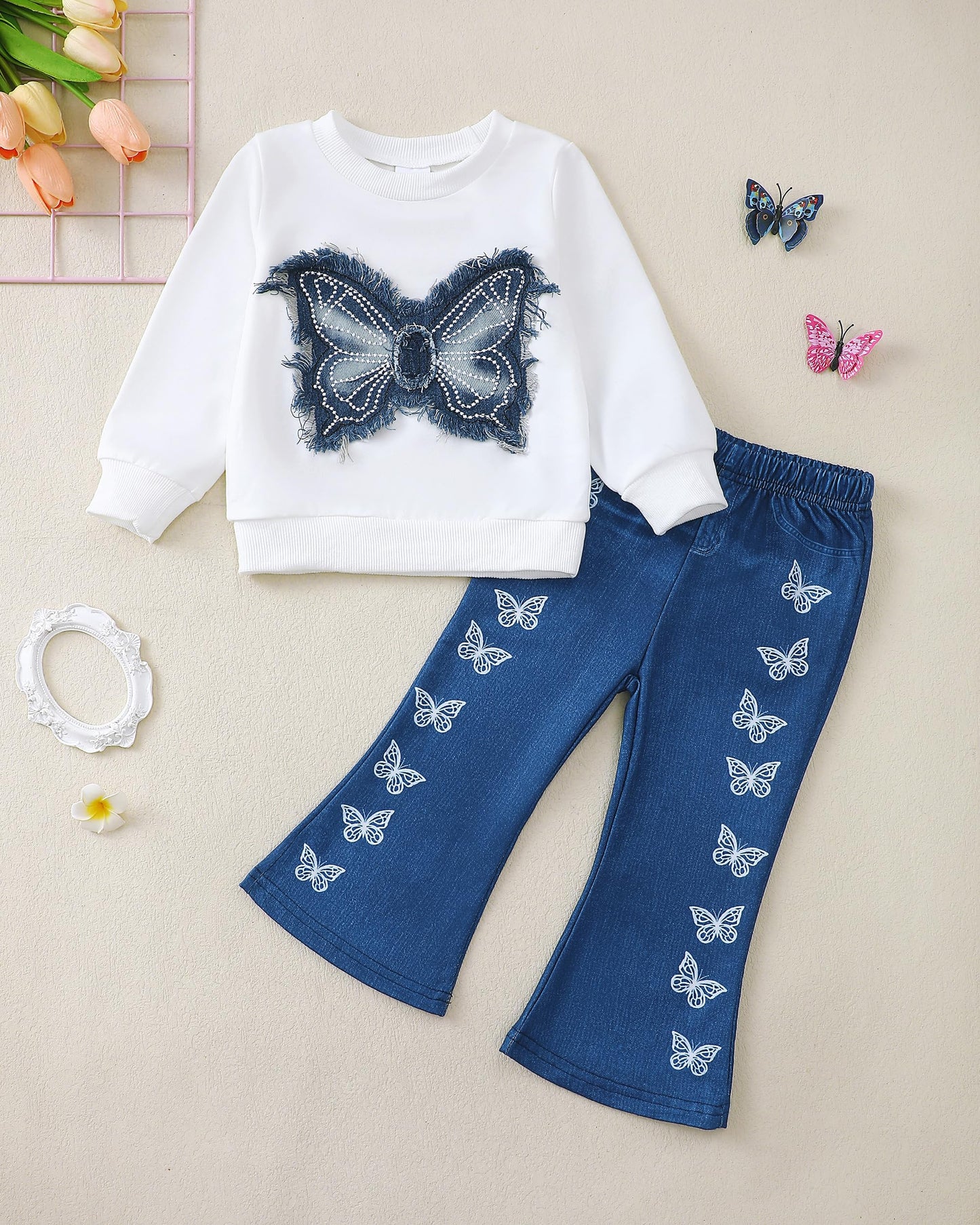 Renotemy Toddler Baby Girl Clothes Fall Winter Outfits Gifts Sweatshirt Bell Bottom Jeans Pants for 12Months-5 Year Girls