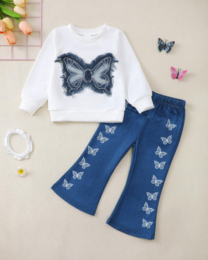 Renotemy Toddler Baby Girl Clothes Fall Winter Outfits Gifts Sweatshirt Bell Bottom Jeans Pants for 12Months-5 Year Girls
