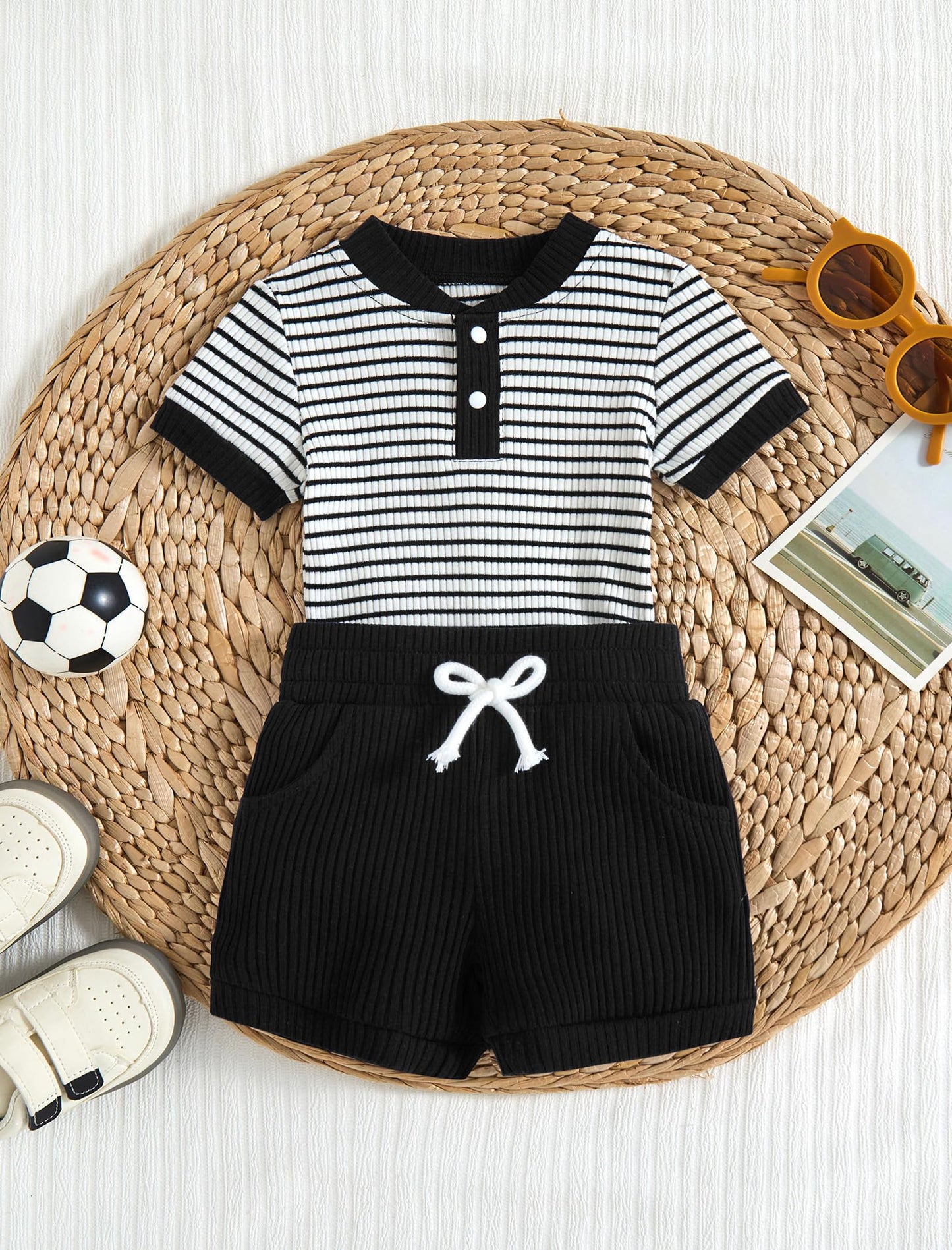 Baby Boy Outfits Ribbed Short Sleeve Striped Romper Top Solid Shorts with Pocket Baby Boy Summer Clothes 0-18M