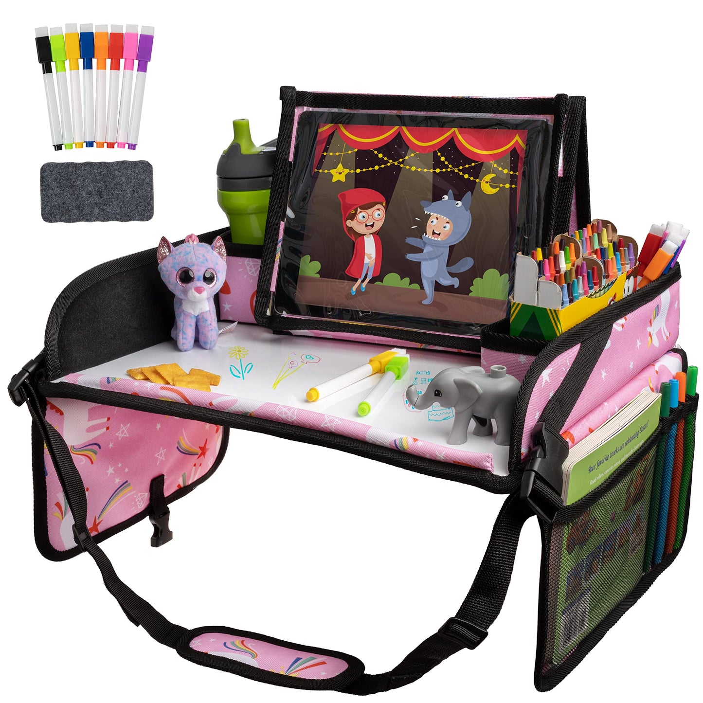 Lusso Gear Kids Travel Tray 2-Pack for Car Seats - Car Seat Tray with Tablet Stand, Mesh Pockets and Cup Holder - Road Trip Essentials Organizer and Activity Desk (Black)