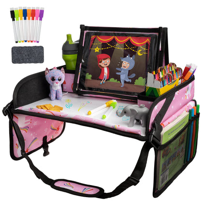Lusso Gear Kids Travel Tray 2-Pack for Car Seats - Car Seat Tray with Tablet Stand, Mesh Pockets and Cup Holder - Road Trip Essentials Organizer and Activity Desk (Black)