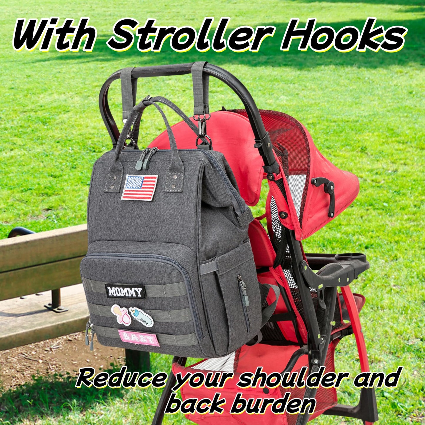Diaper Bag Backpack for Dad and Mom with USB Charging Port Stroller Straps and Insulated Pocket,army military Travel Nappy Backpack for Daddy/Mommy (Black)