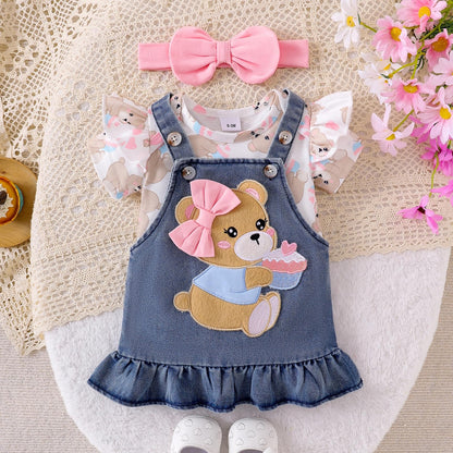 Baby Girl Clothes Suspender Skirt Newborn Ruffle Romper Cute Bear Jeans Dress Bow Headband Summer Outfits 0-18 Months