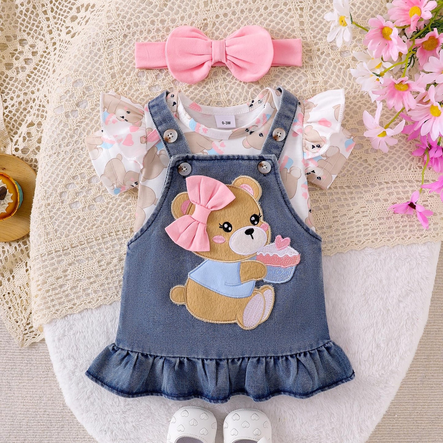 Baby Girl Clothes Suspender Skirt Newborn Ruffle Romper Cute Bear Jeans Dress Bow Headband Summer Outfits 0-18 Months