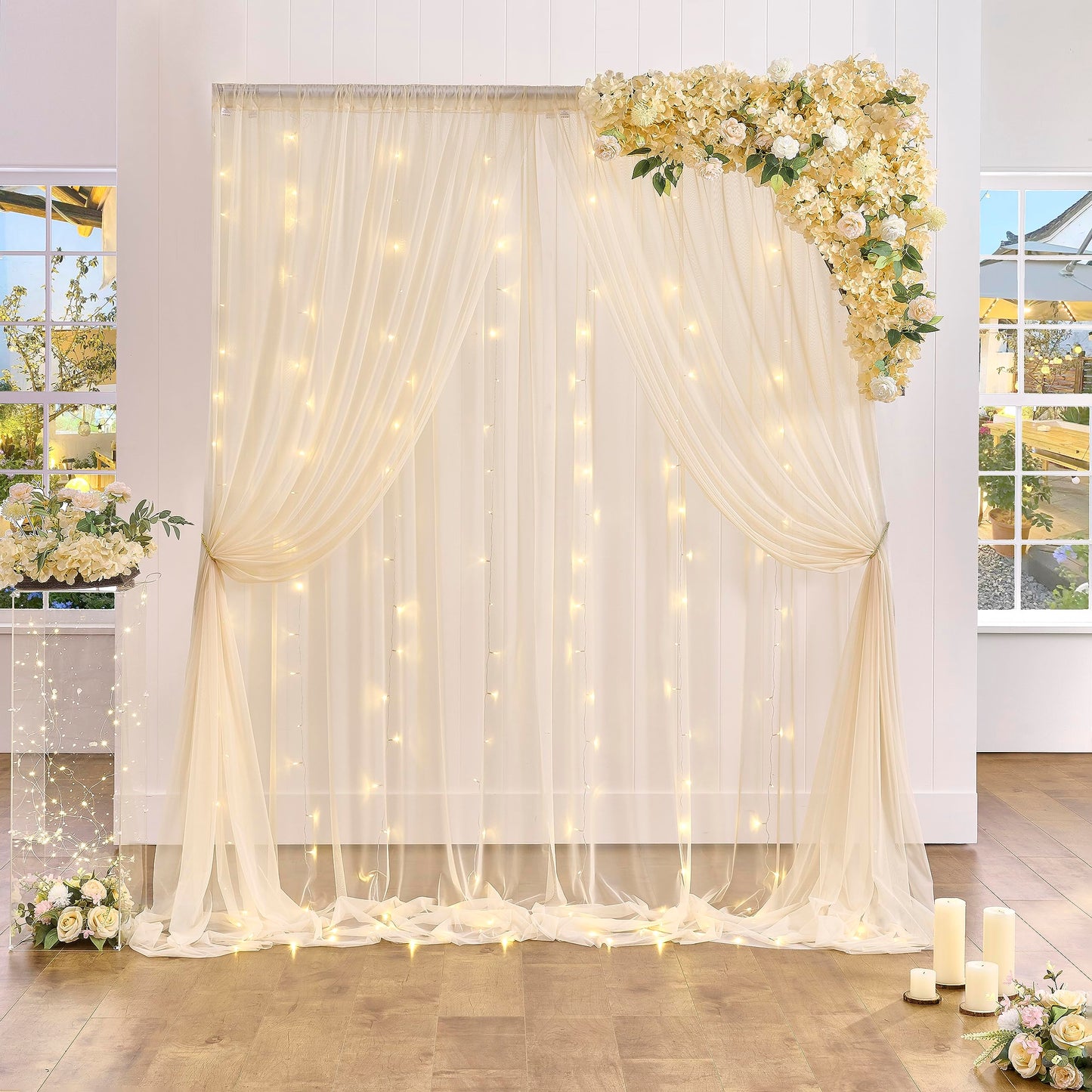 White Tulle Backdrop Curtain with Lights String for Parites 10×8ft Sheer Backdrop Curtains White Curtain Backdrop for Wedding Baby Shower Birthday Party Photo Shoot Decorations(2 Panels 10ft×8ft)