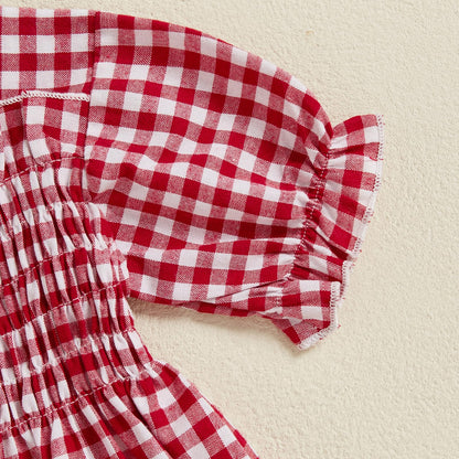 Infant Baby Girls Romper Ruffle Sleeve Pleated Smocked Bubble Plaid One Piece Ruched Jumpsuit Summer Bodysuit