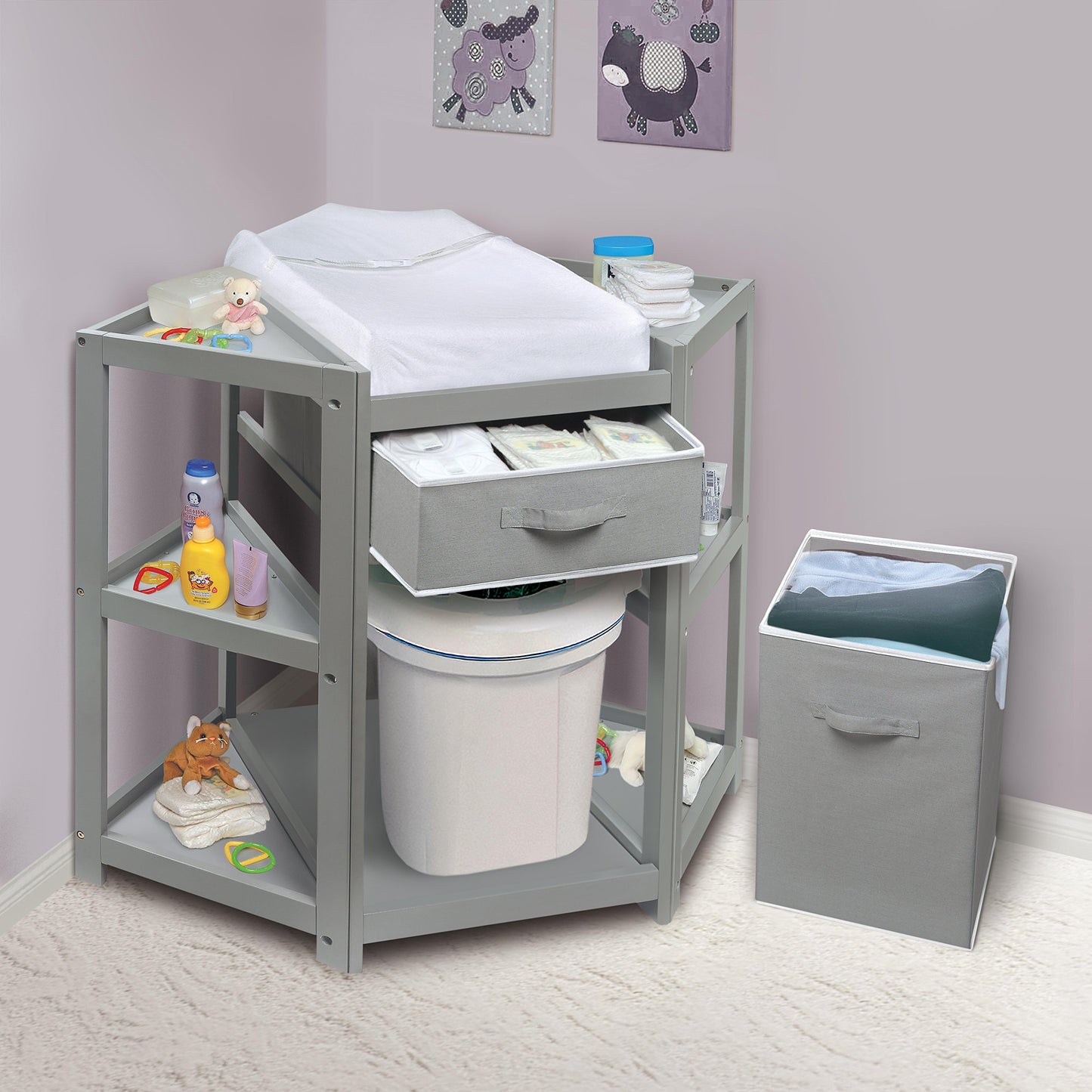 Badger Basket Diaper Corner Baby Changing Table – Space-Saving White Nursery Station with Hamper, Basket & Changing Pad