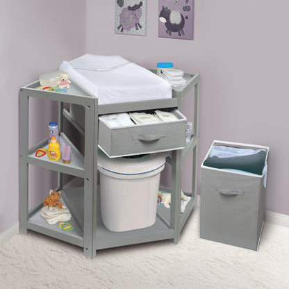 Badger Basket Diaper Corner Baby Changing Table – Space-Saving White Nursery Station with Hamper, Basket & Changing Pad