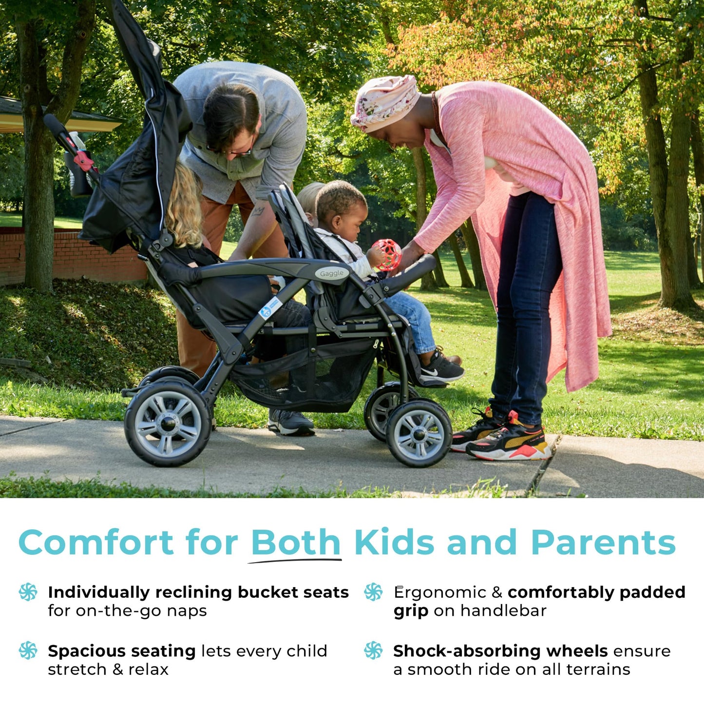 Gaggle by Foundations Compass Quad 4 Seat Stroller | 4-Seat Stroller for Daycare | Oversized UV Blocking Canopy | 5-Point Harness | Easy Loading | Storage Bucket | Black
