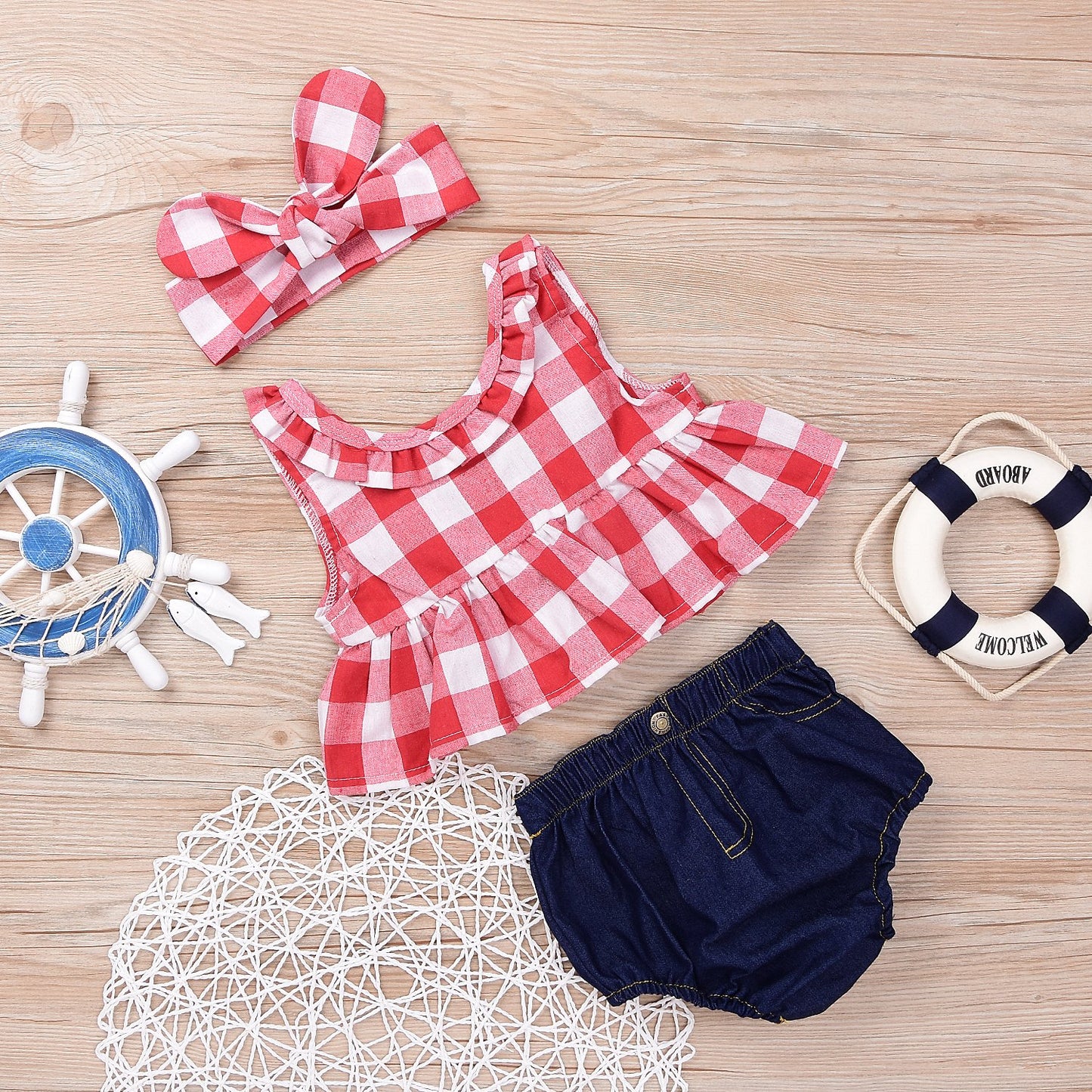 Baby Girls Plaid Ruffle Bowknot Tank Top+Denim Shorts Outfit with Headband