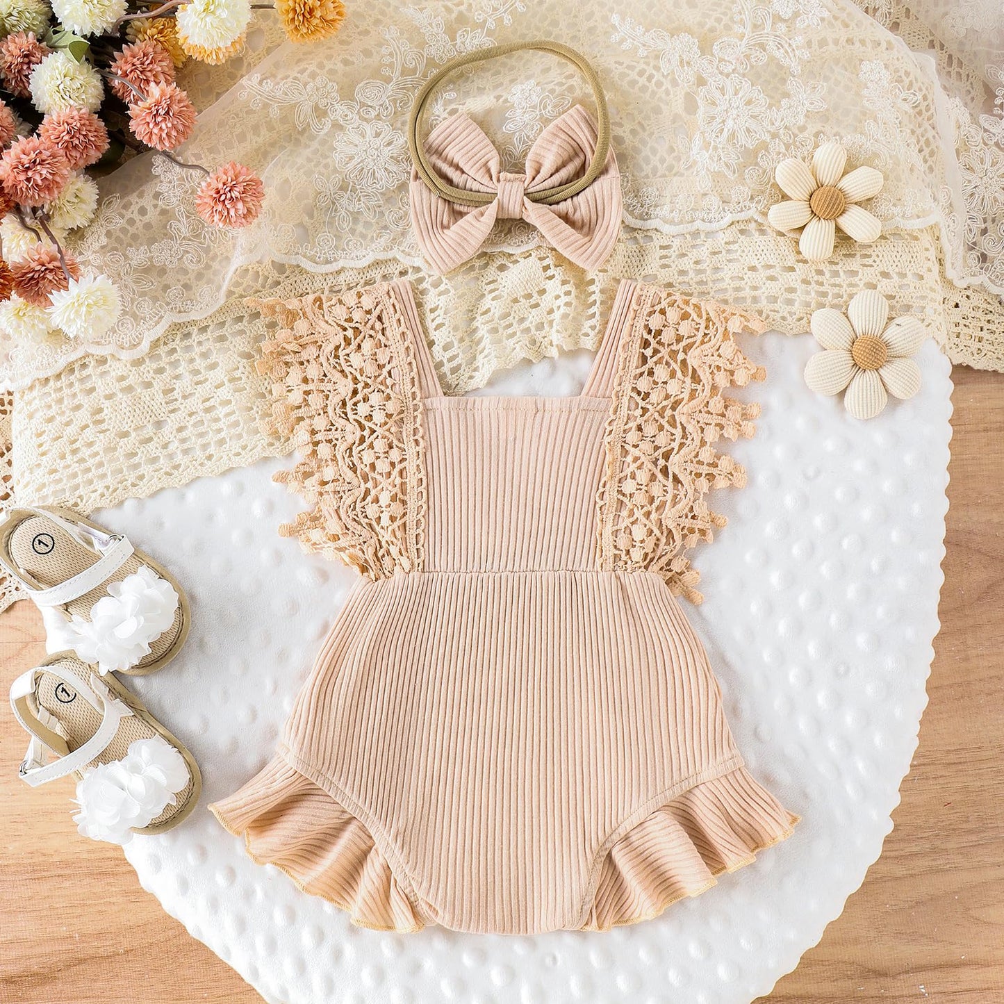 Newborn Baby Girl Lace Romper Ruffle Sleeveless Backless One Piece Jumpsuit Bodysuit with Headband Summer Clothes
