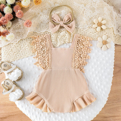 Newborn Baby Girl Lace Romper Ruffle Sleeveless Backless One Piece Jumpsuit Bodysuit with Headband Summer Clothes
