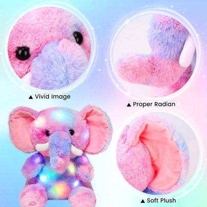Hopearl LED Plush Elephant Colorful Lighting Up Stuffed Animal Elephish Floppy Night Lights Glow in The Dark Birthday Festival for Kids Toddler Girls, Rainbow, 11''